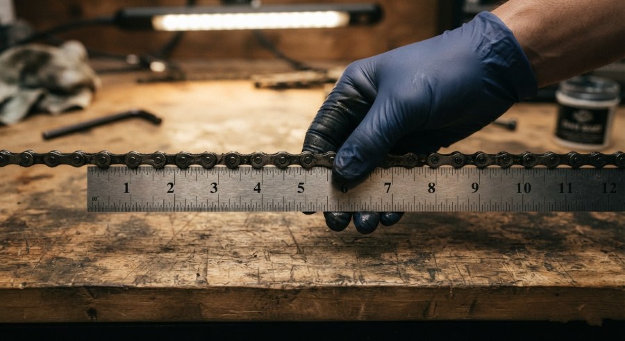 Mechanic measuring bicycle chain wear with a steel ruler across 12 links on a workshop bench