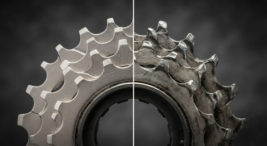 Side-by-side comparison of a new bicycle cassette with even tooth profiles (left) and a worn cassette with hooked shark-fin teeth caused by chain stretch (right) 