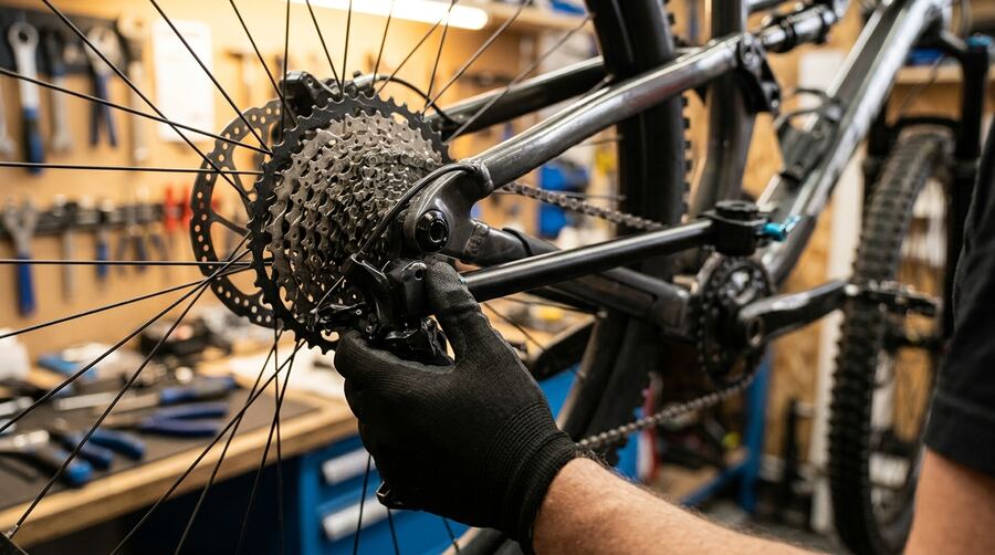 Mechanic adjusting a rear derailleur on a mountain bike cassette in a workshop - domexbikes.co.uk Mechanic adjusting a rear derailleur on a mountain bike cassette in a workshop