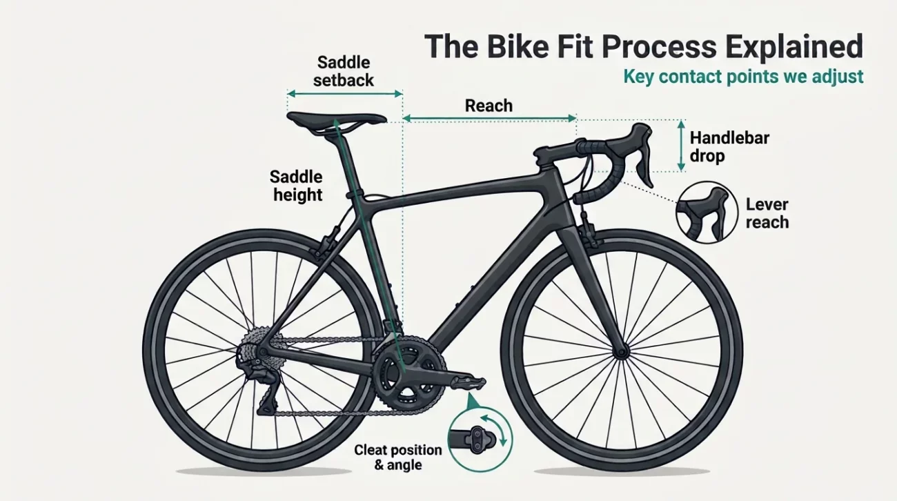 Diagram of a road bike showing the key bike fit measurements: saddle height, saddle setback, reach, handlebar drop, cleat position and lever reach - domexbikes.co.uk Diagram of a road bike showing the key bike fit measurements: saddle height, saddle setback, reach, handlebar drop, cleat position and lever reach