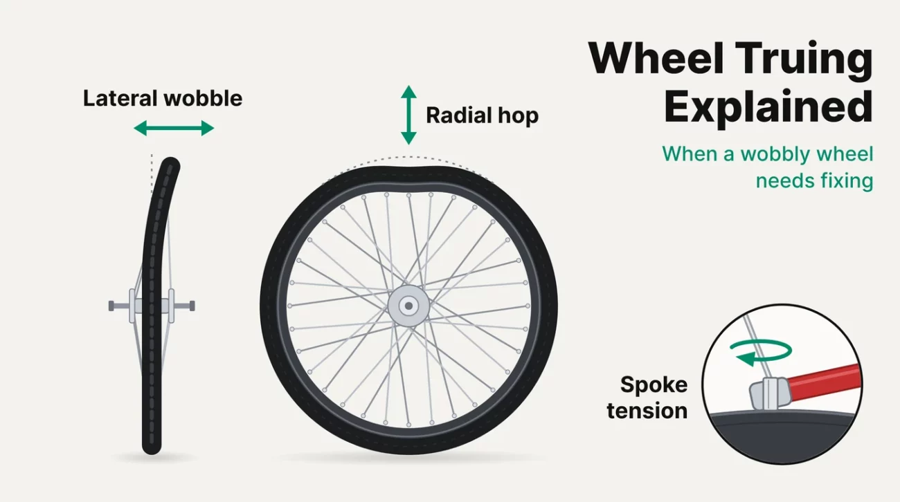 Diagram comparing a bike wheel with lateral wobble seen from the front and a wheel with radial hop seen from the side, with a spoke key adjusting spoke tension - domexbikes.co.uk Diagram comparing a bike wheel with lateral wobble seen from the front and a wheel with radial hop seen from the side, with a spoke key adjusting spoke tension